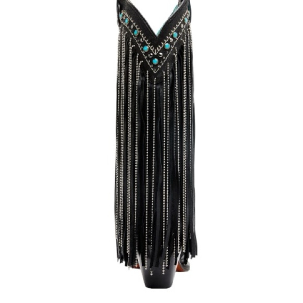 CORRAL EMBROIDERED AND CRYSTAL Black and Turquoise Eagle FRINGE WESTERN BOOTS - Picture 8 of 16
